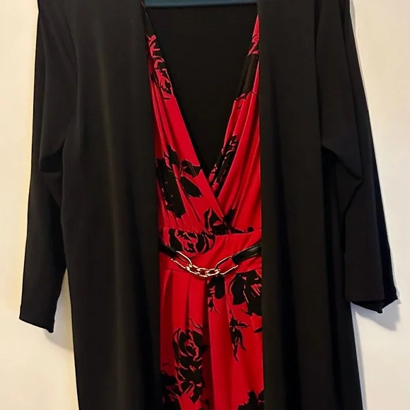 Jaclyn Smith Collection XL Red Black Floral Faux Wrap Dress Overlay Cardigan - Picture 3 of 16